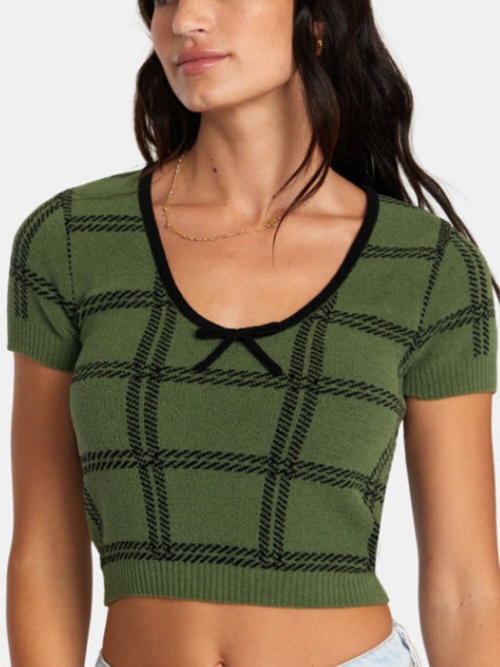 RVCA Green Black Plaid Knit Crop Top Bow Scoop Neck Short Sleeve EUC Size M